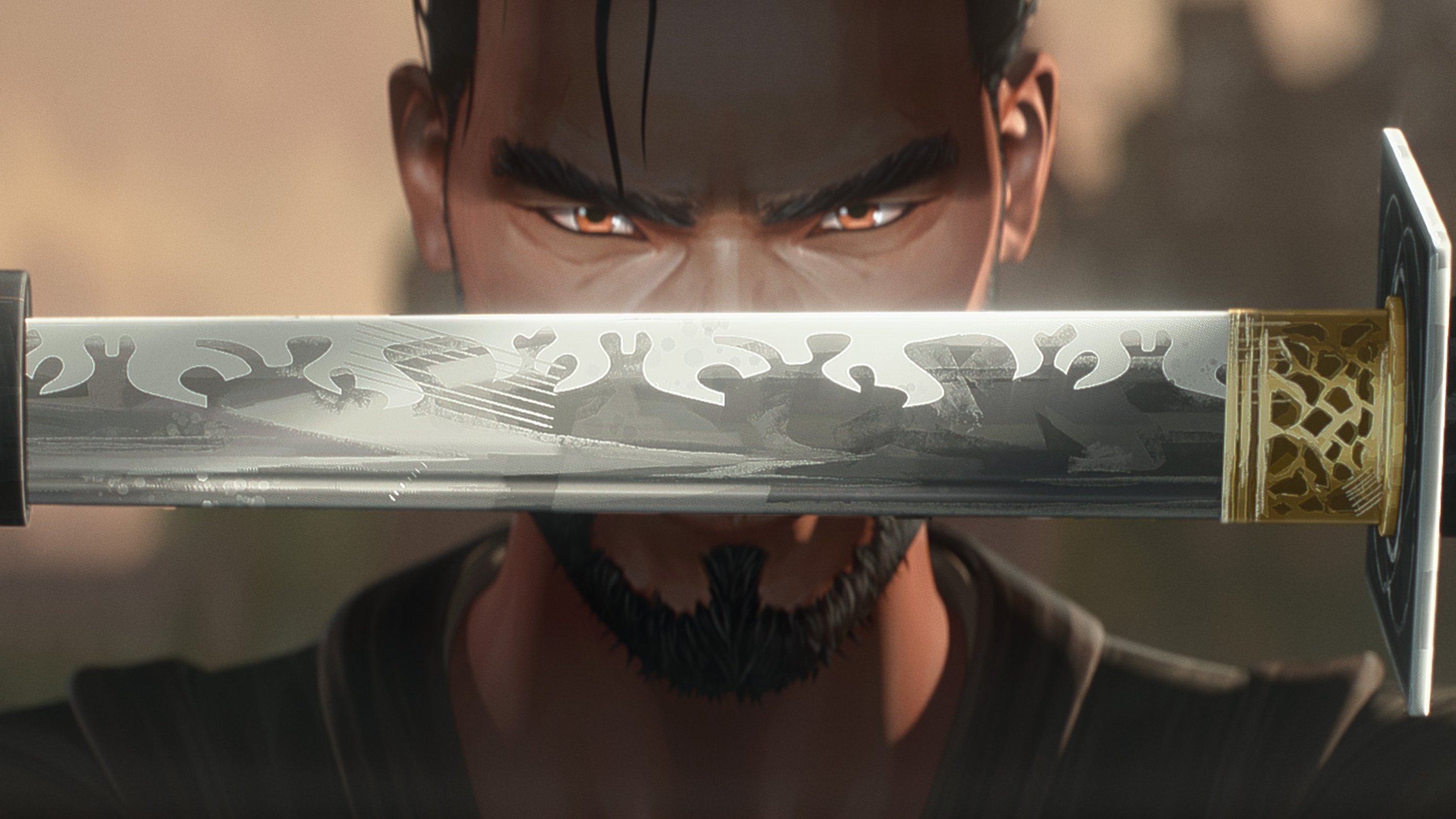 A man behind a katana sword