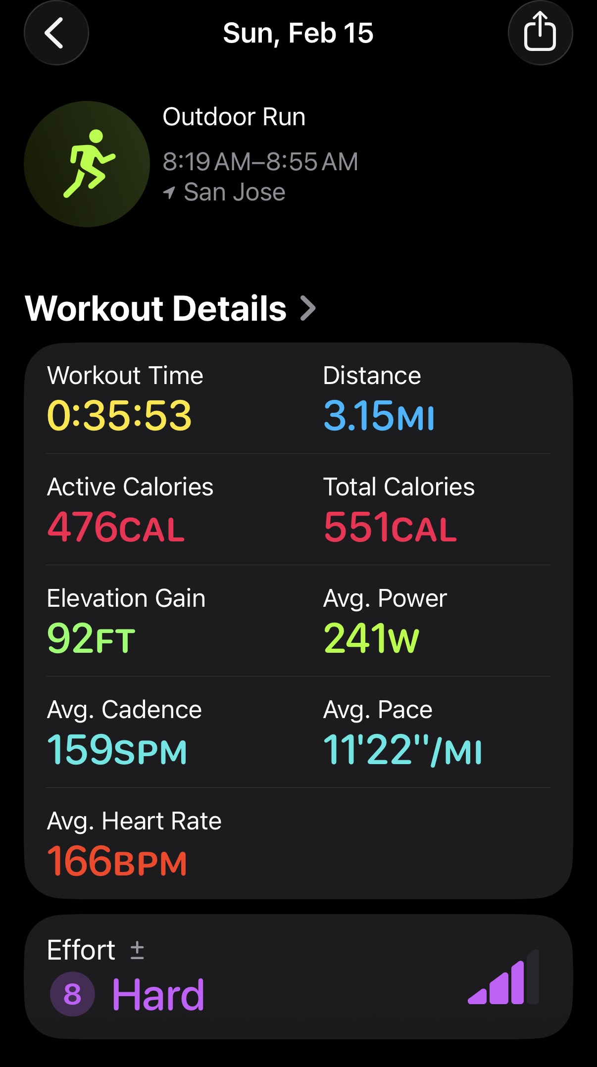 Sceenshot of February 15, 2026 5K Run